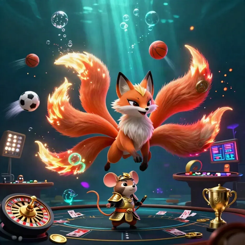 Nine-tailed fox spirit and samurai mouse amid casino game props, coins, lights, and underwater neon glow.
