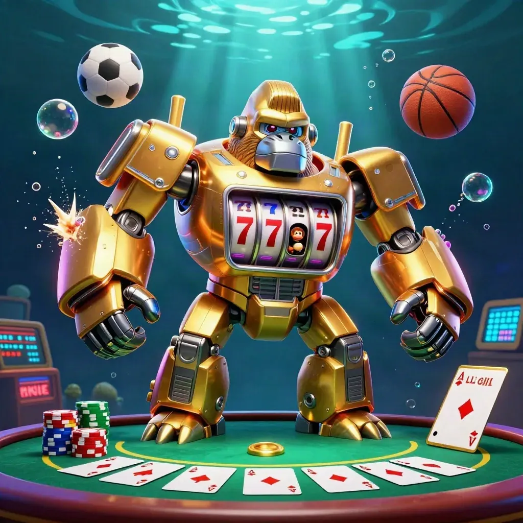 Golden gorilla mech with monkey pilot amid casino sports gear in neon underwater glow.