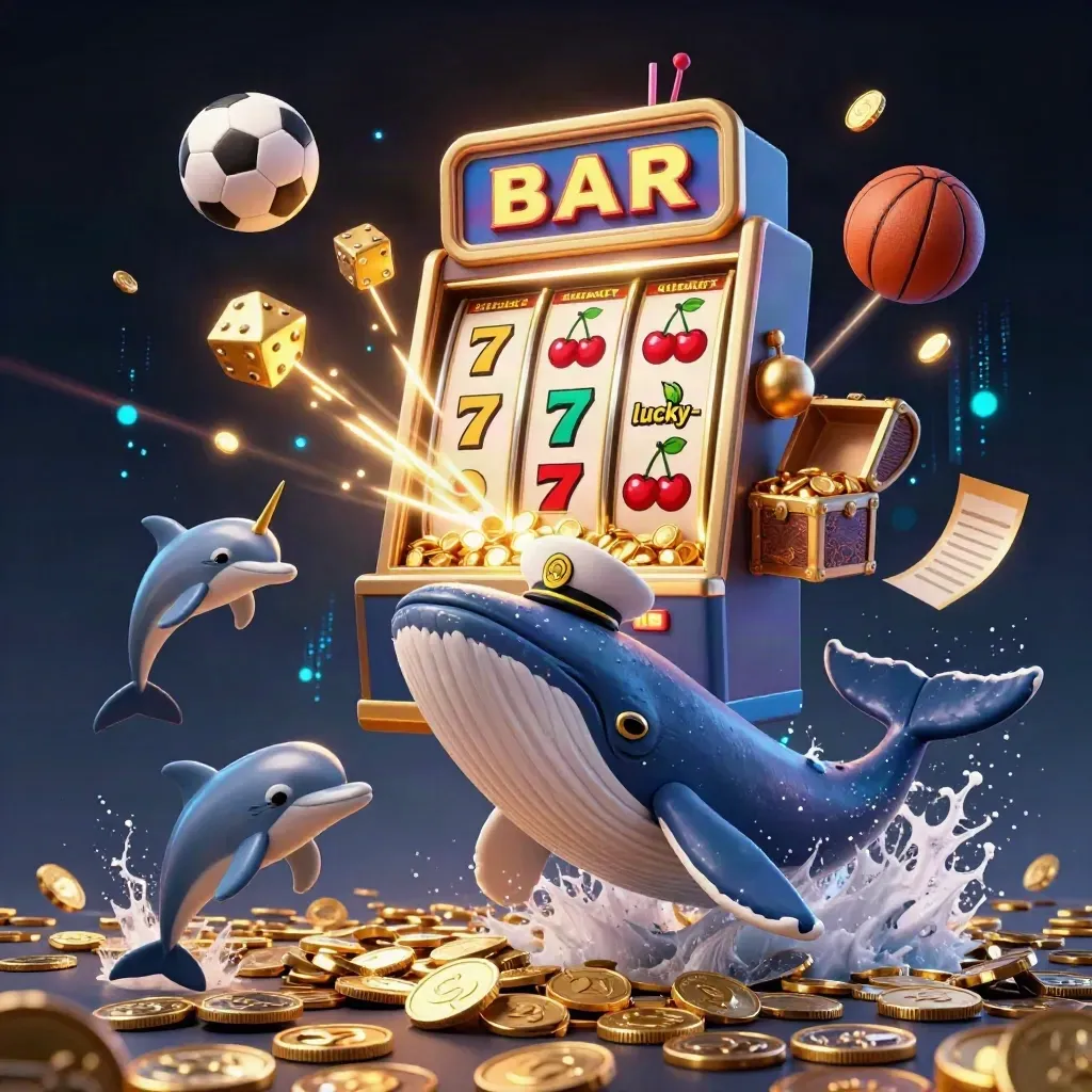 Ground-level casino splash art with whales, coins, slot rays, and flying sports gear.