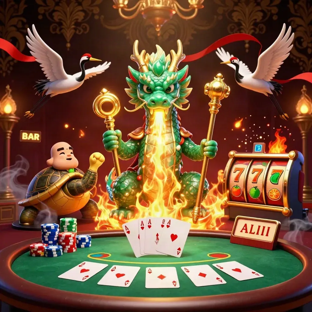 Emerald dragon, turtle sage, cranes, poker props and casino lights in luxe fantasy key art.