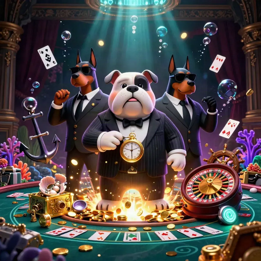 Bulldog crime boss and two Dobermans amid a gold coin underwater treasure cove casino burst.