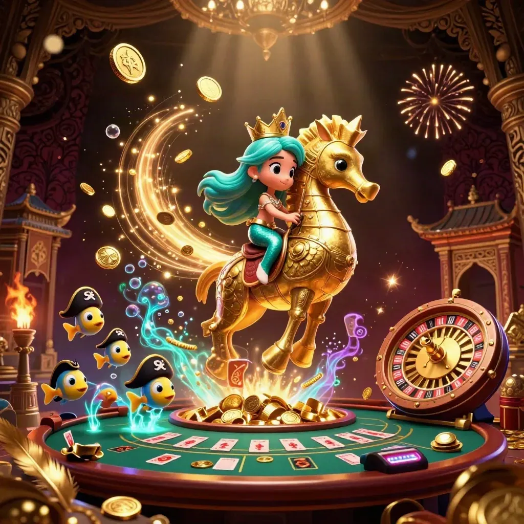 Mermaid princess on a gold seahorse amid casino treasure, roulette, cards, and glowing underwater magic.
