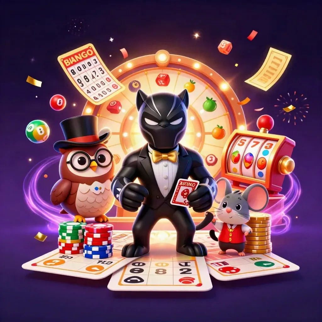 Black panther dealer with owl and mouse amid casino chips, reels, and golden confetti