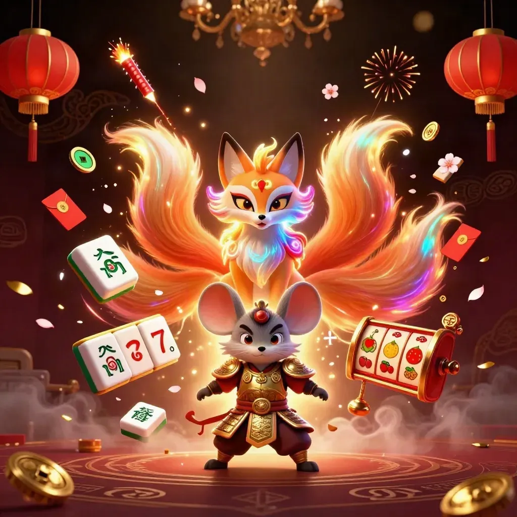 Nine-tailed fox spirit and armored mouse amid casino symbols on a dark gold-lit background