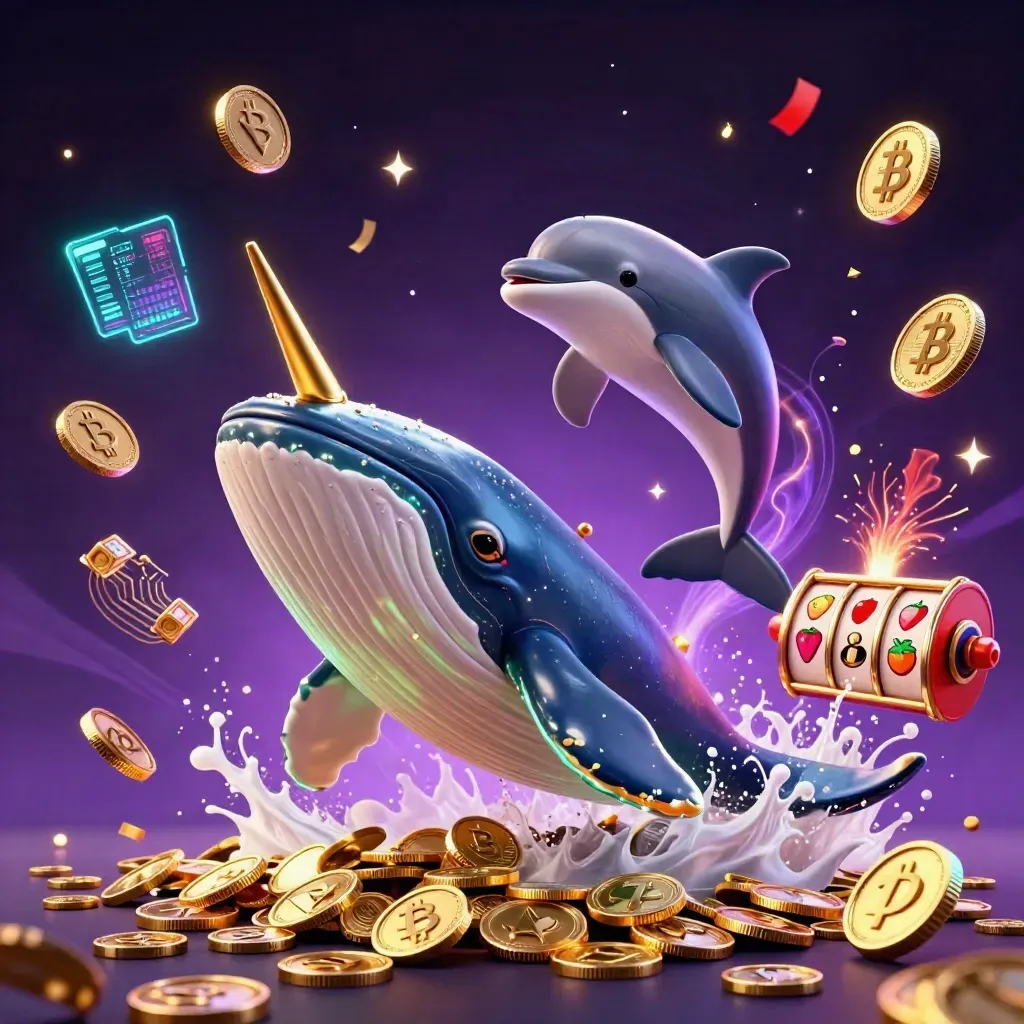 Captain whale, narwhal, and dolphins bursting through coins with neon casino effects.